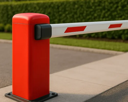 Motorized boom gate with red and white arm